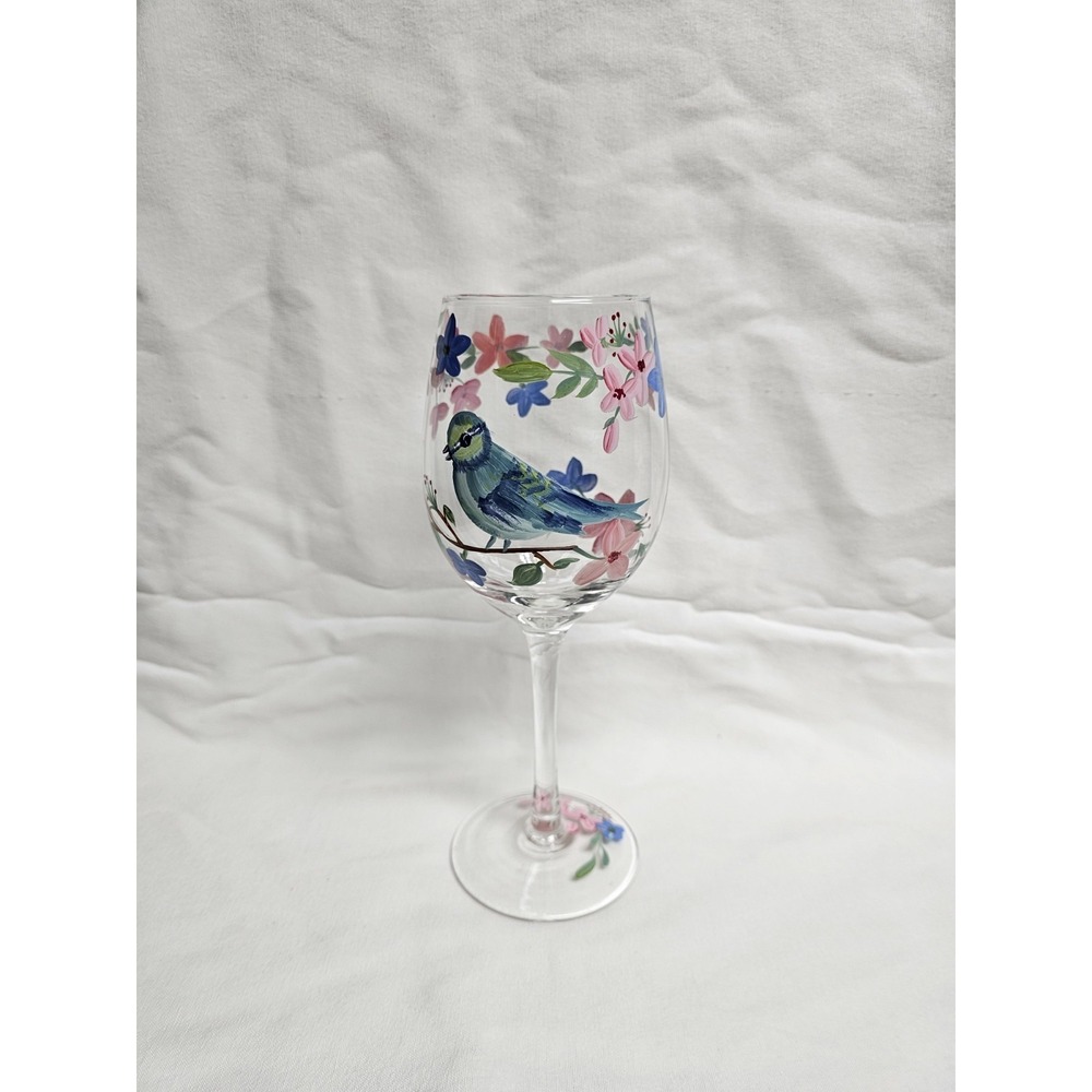 Mattanah Songbird Hand Painted Wine Glass Blue Bird On Branch With Florals